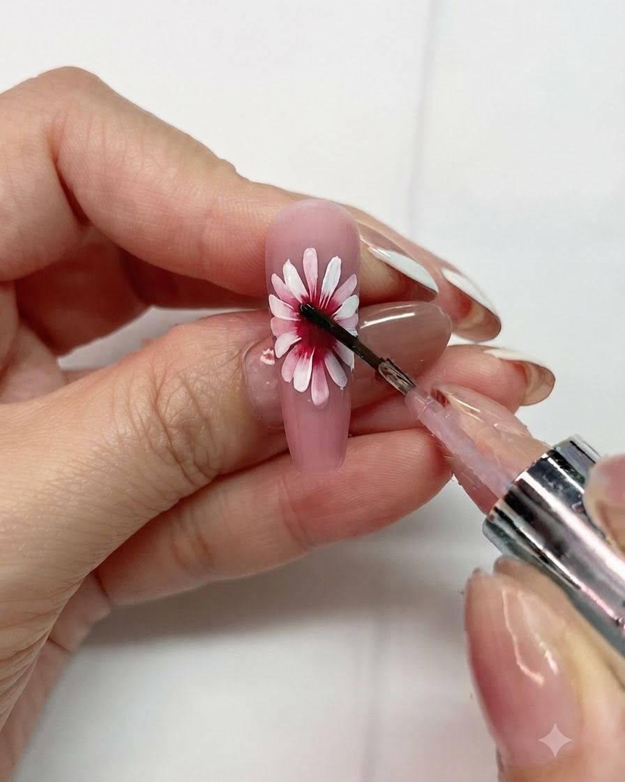 デイジーの花のデザインの中心にブルーミングリキッドを塗布しているブラシの詳細なショット。
