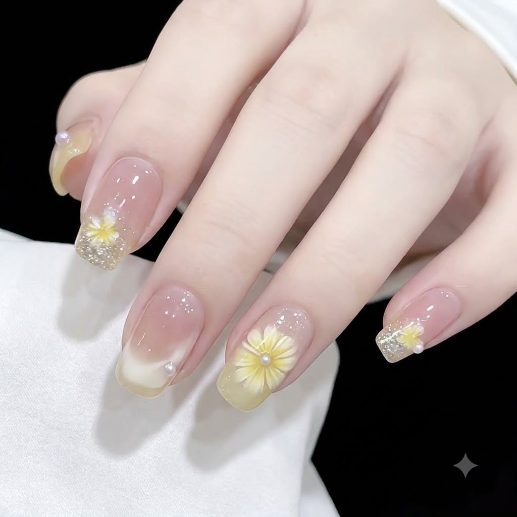 クリアなジェリーベースのネイルに、3Dの黄色いデイジーの花とアクセントのパールが飾られた手元のクローズアップ。