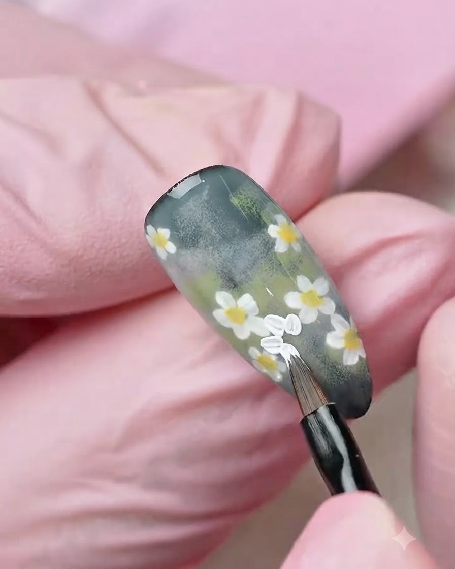 手袋を着用した手が極細ライナーブラシを持ち、質感のある緑のネイル表面に白い花びらを描いているクローズアップ。