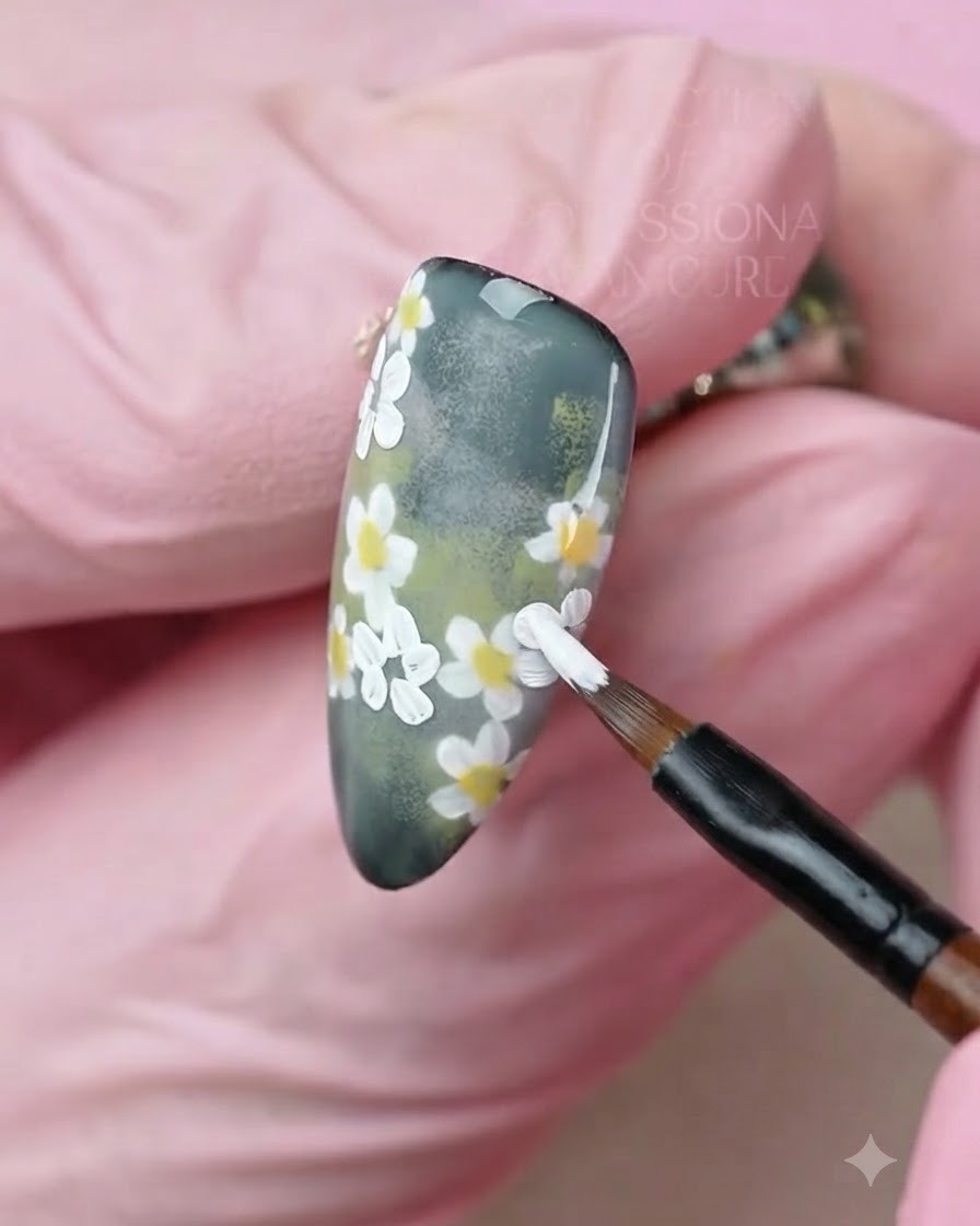 ディテールブラシを用いて、ネイル上の白いデイジーの花の中心に鮮やかな黄色のドットを慎重に描いている様子。