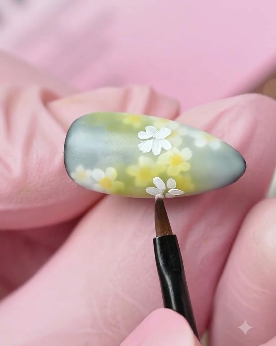 マルチカラーのネイルに描かれたデイジーの花に、極細ライナーブラシで最後の白い花びらのディテールを追加している様子。