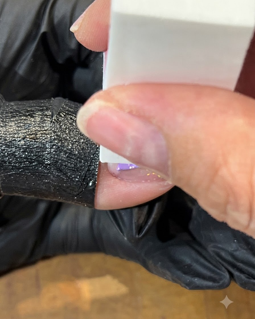 パステル調の移行を持つ、仕上がった滑らかなマルチカラーグラデーションネイルのクローズアップビュー。