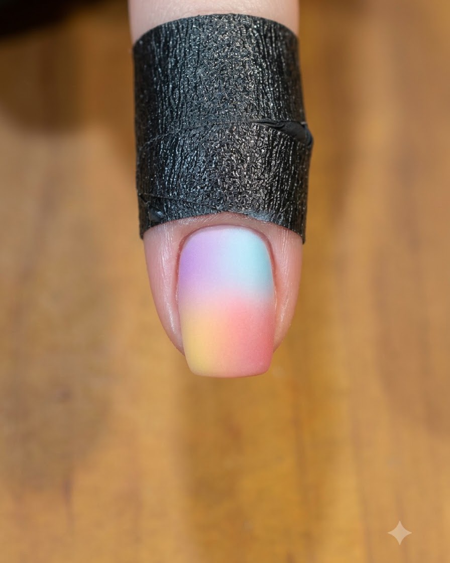 マルチカラーのグラデーションデザインを持つ爪が、UV LEDネイルランプの内側に配置されている様子。