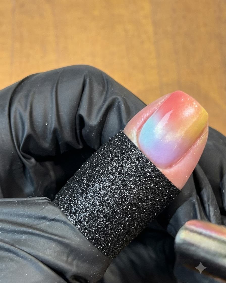 黒いマグネットの杖が、マルチカラーグラデーションネイルのすぐ上に保持され、磁気キャッツアイ粒子をシフトさせている様子。