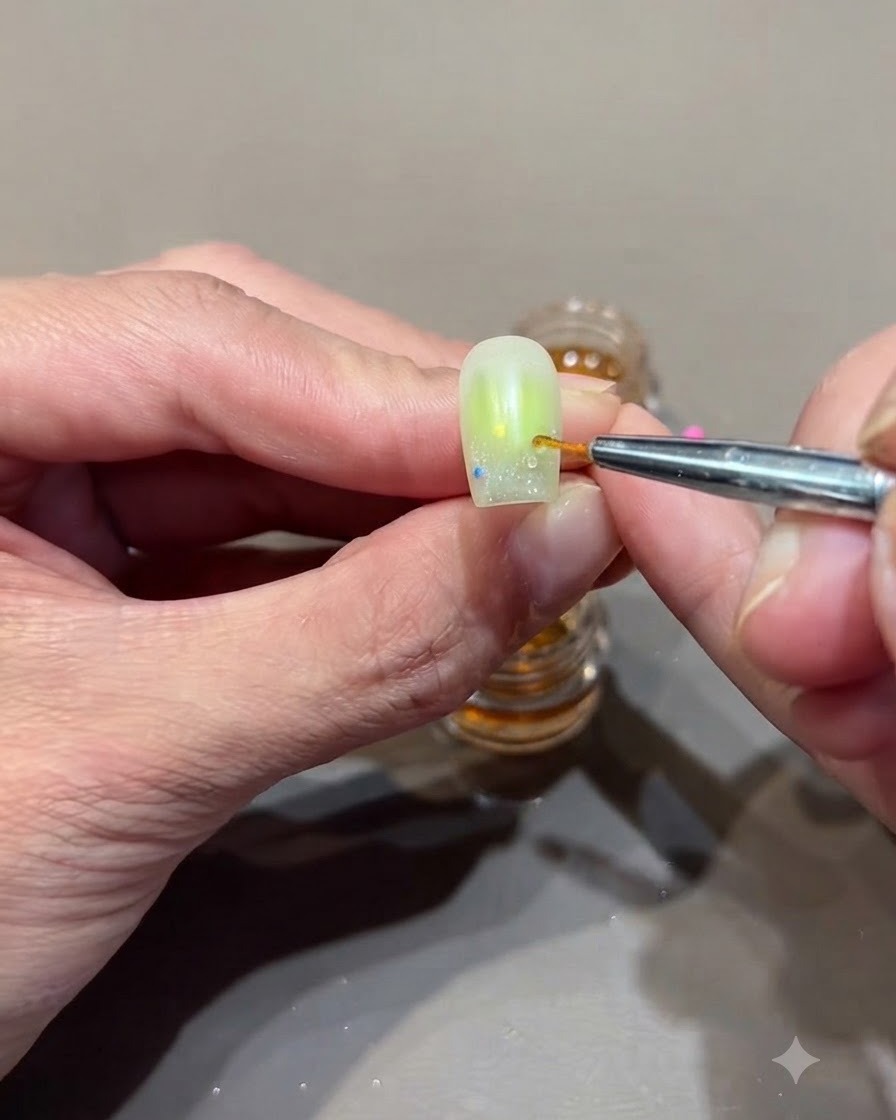細かいネイルブラシを使って、マニキュアを施したネイルの表面にクリアな接着ジェルの小さな雫を塗布している様子。