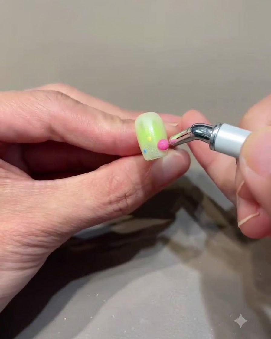 ツールを使って、マニキュアを施したネイルの接着部分にピンクの小さな球体の装飾を配置している様子。