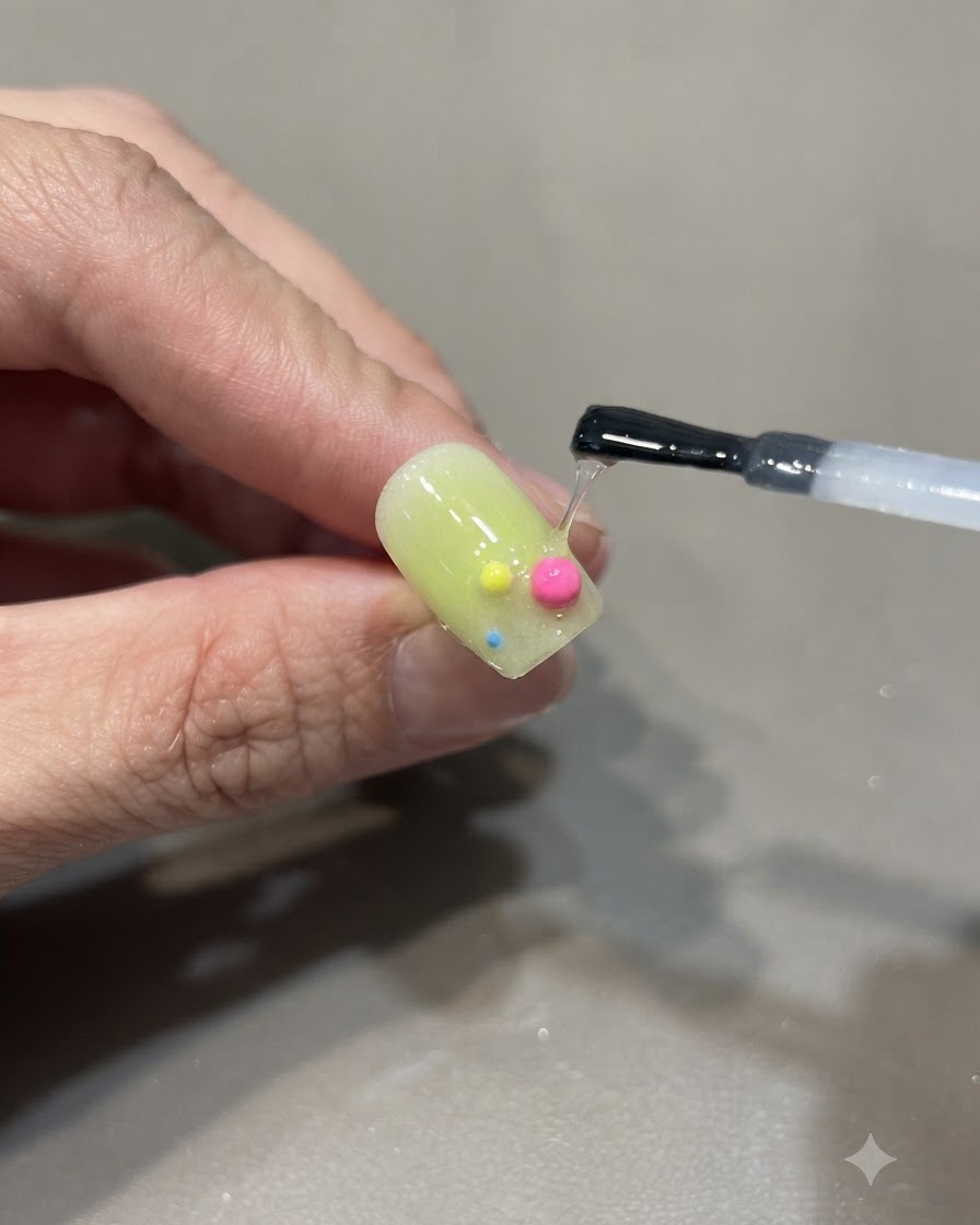 小さなカラフルな3D球体の装飾が施された完成したネイルのデザインに、ブラシでグロストップコートを塗布している様子。