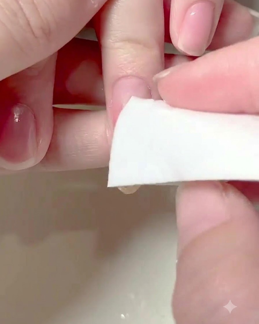 爪の先端に描かれた黄色のラインの上から、きれいなスポンジでポンポンと叩いてオンブレ効果を作っている様子。