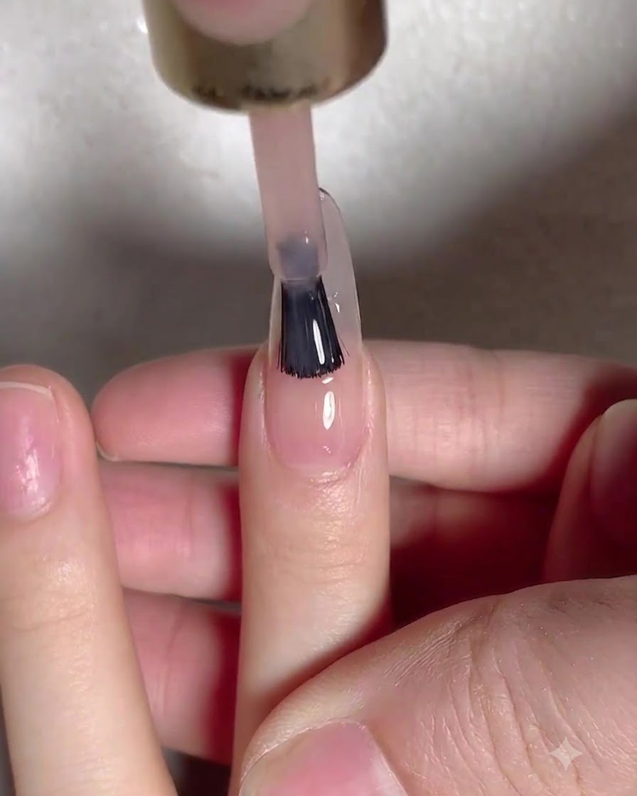 塗布したベースコートの層を硬化させるため、UVランプの下に置かれた爪。