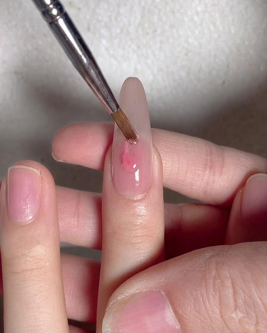 細いディテールブラシを使って、爪の中央にピンクのジェルポリッシュのドロップを置いている様子。