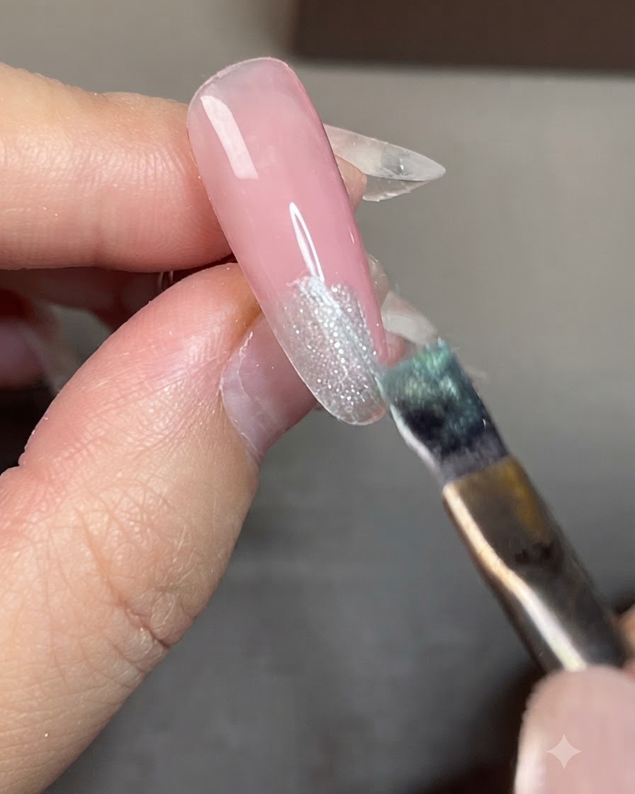ネイルのチップ部分にブルーキャッツアイジェルポリッシュを塗布しているブラシ。