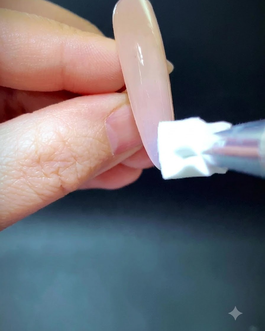 スポンジを使い、ブルーとグリーンの顔料をヌードカラーのネイルエクステンションに向かって上方へぼかしている様子。