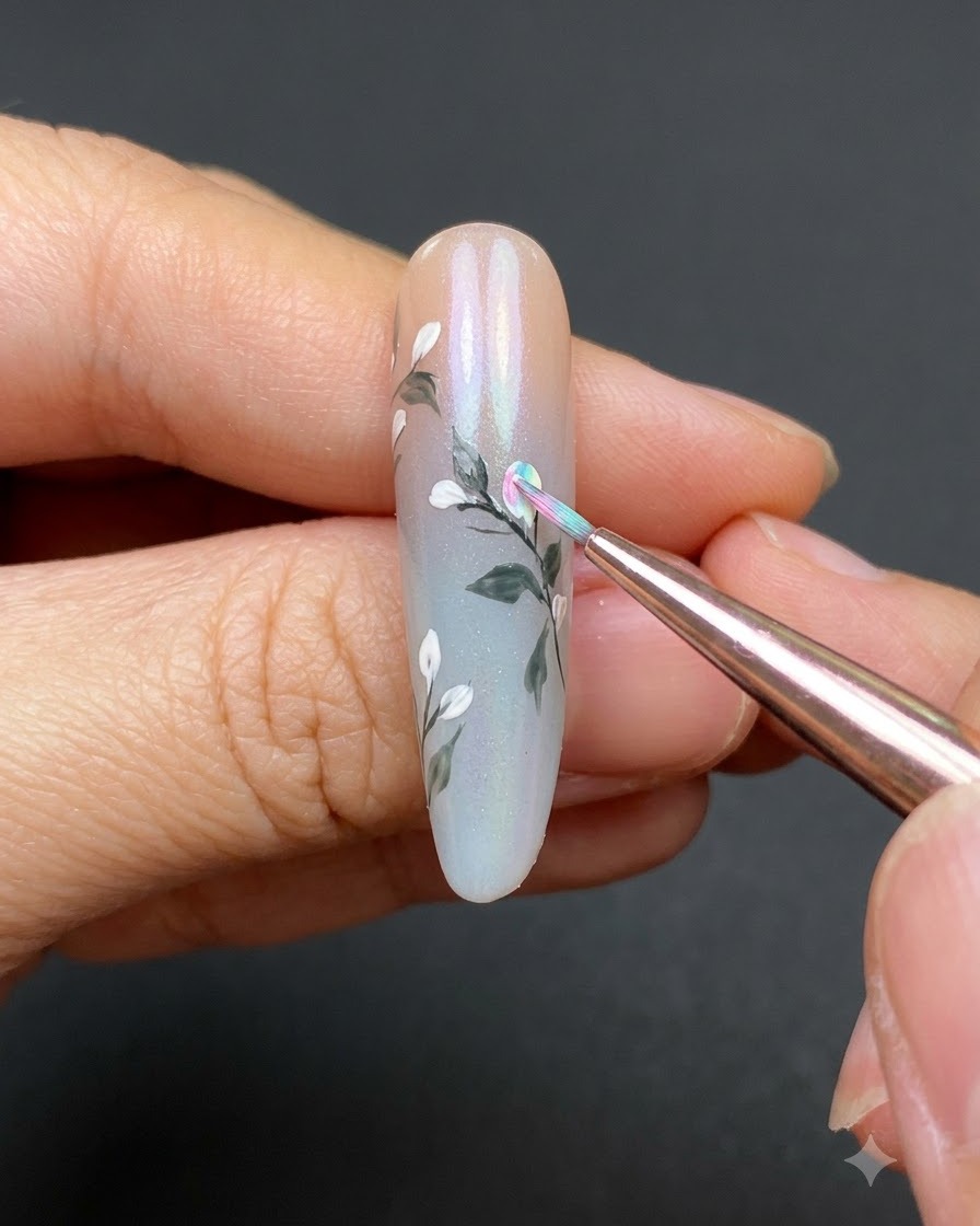グラデーションネイルの上で、白い花のつぼみの中心をピンクのジェルで満たしている細筆の様子。
