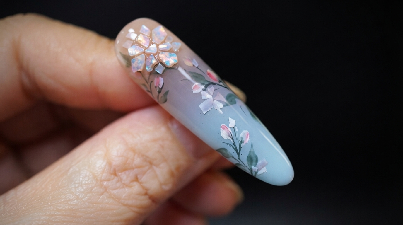 ヌードからブルーへのグラデーション、手描きのフラワーブランチ、トップ付近に配置された花のような輝くクラッシュシェルのクラスターが特徴的なロングアーモンドネイルのクローズア