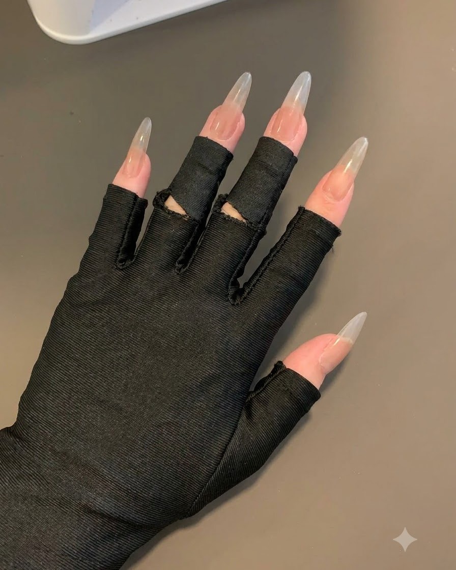 黒い指ぬき手袋を着用した手が、ソフトなタッピングによるグレーのベースグラデーションが施された長い爪を見せている様子。