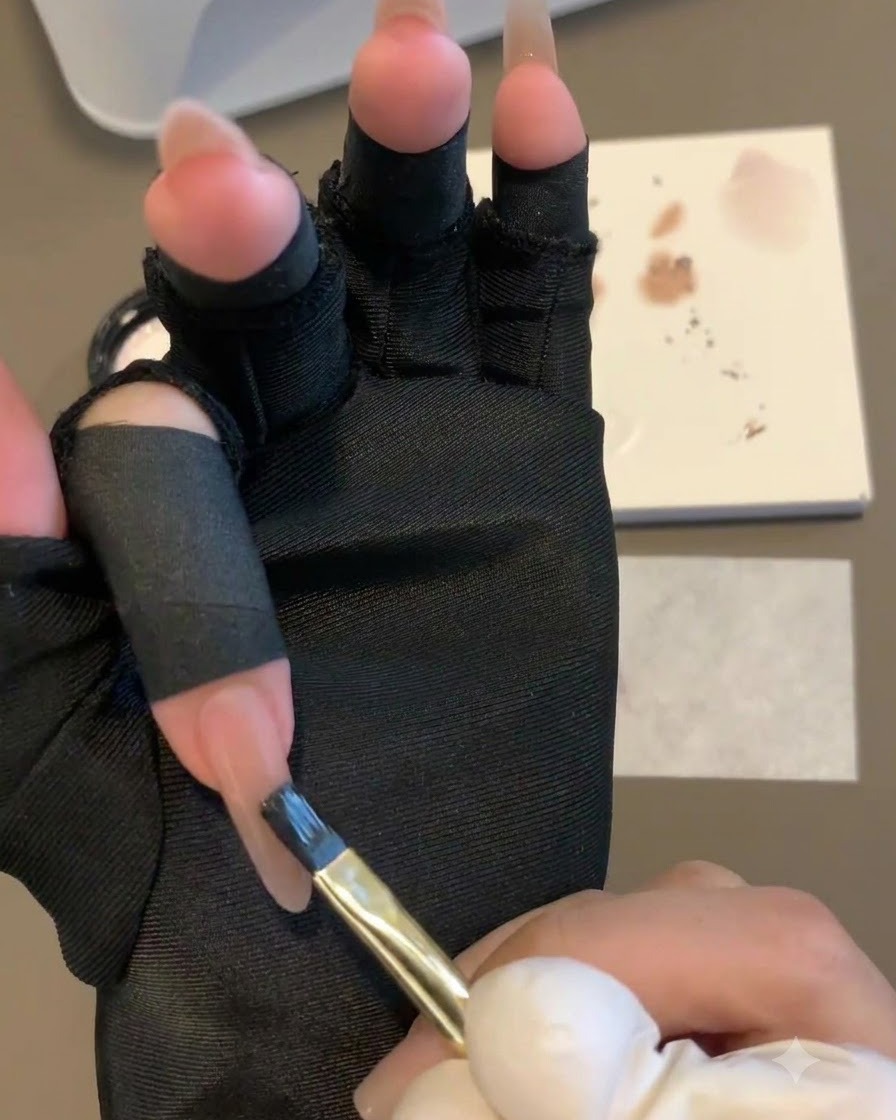 フラットブラシが爪の上でパープルのジェルを優しく叩き、上に引き上げてグラデーションを形成している様子。