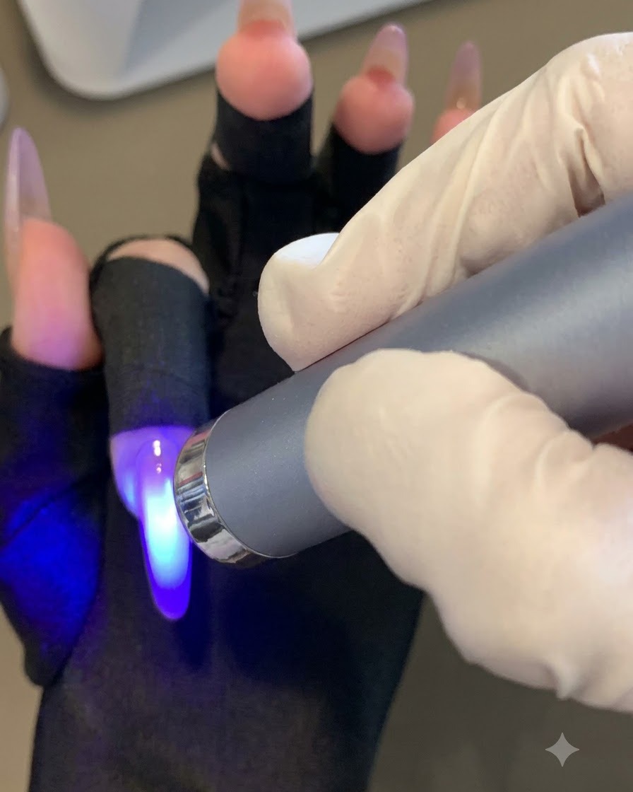 ポータブルUVランプが指の上のパープルグラデーション層を硬化させている様子。