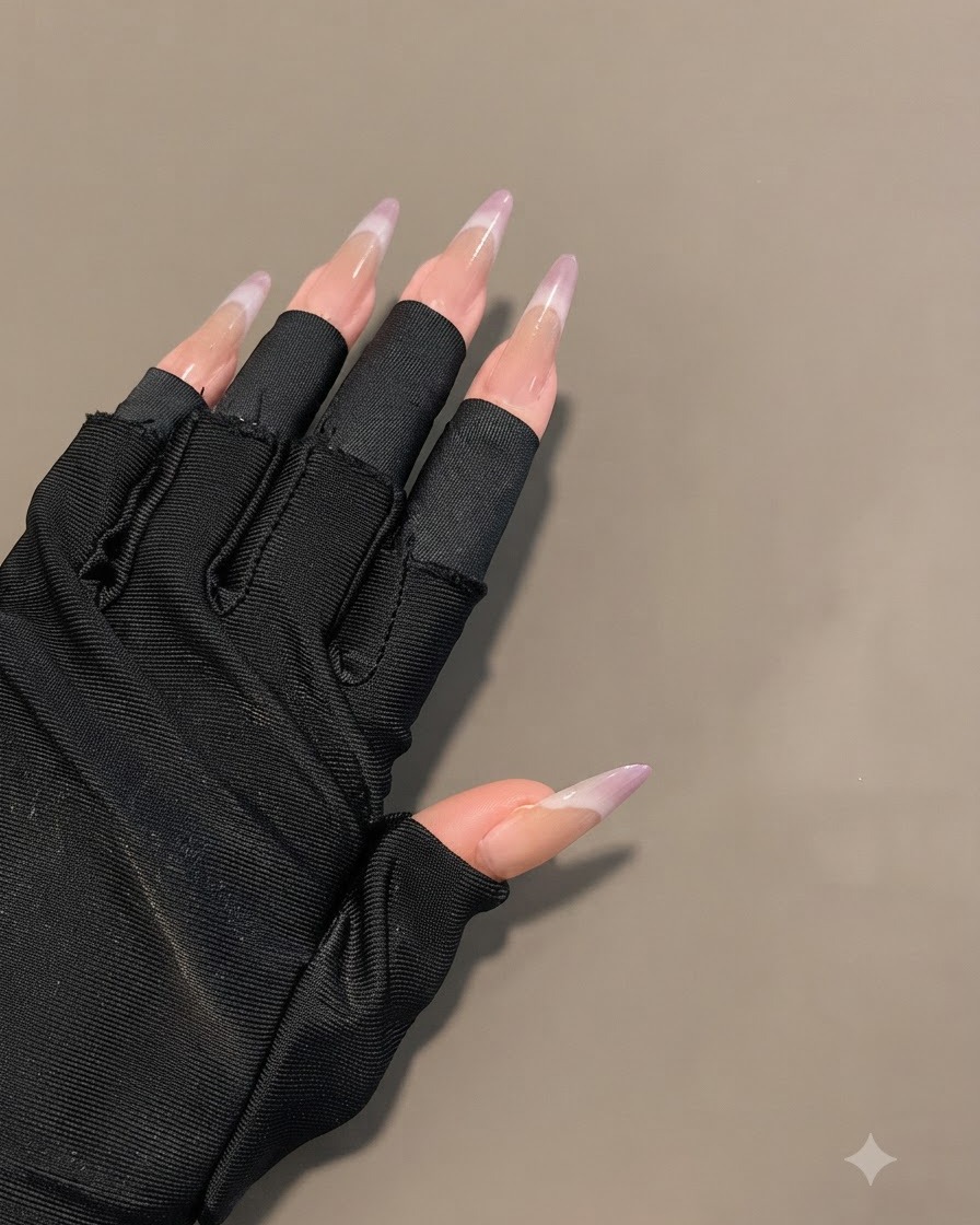 黒い指ぬき手袋を着用した手が、完成したシアーパープルグラデーションを持つロングオーバルネイルを見せている様子。