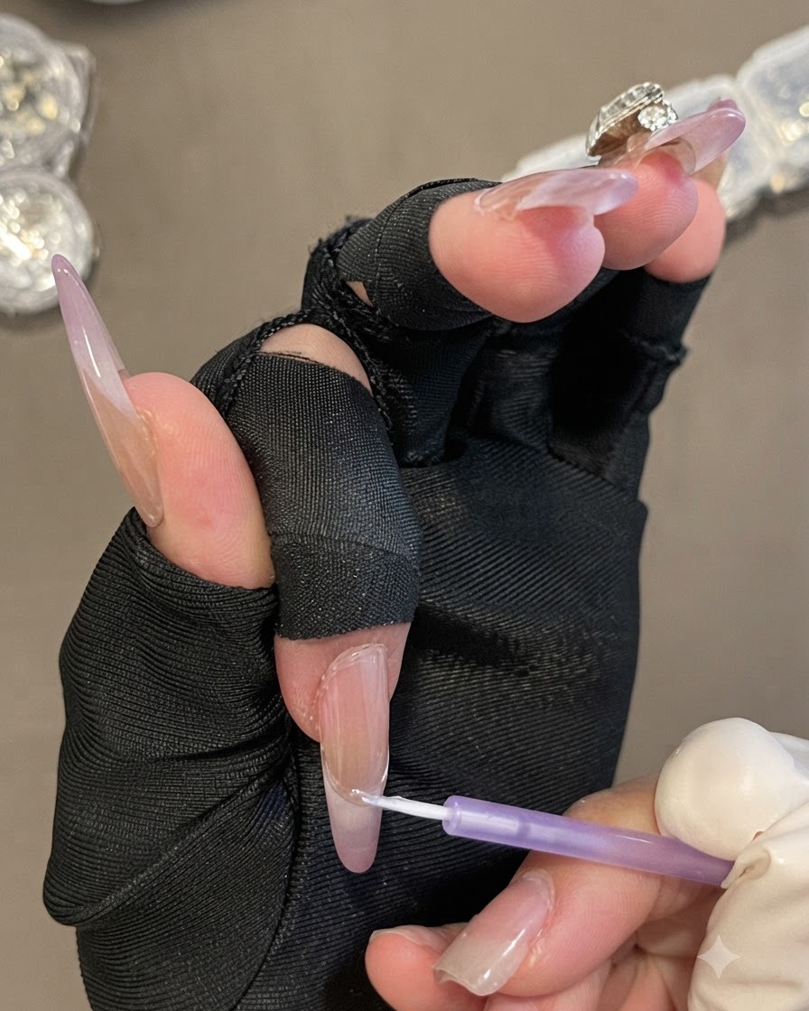 黒い指ぬき手袋を着用した手が、爪のキューティクル周りにクリアジェルを塗布するためにブラシを持っている様子。
