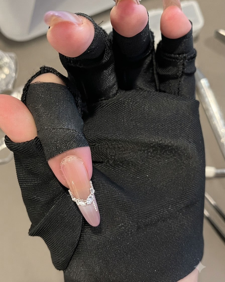 黒い指ぬき手袋を着用した手で、ロングオーバルネイルの上の詳細なストーンとスティックビーズの配置を披露しているクローズアップビュー。