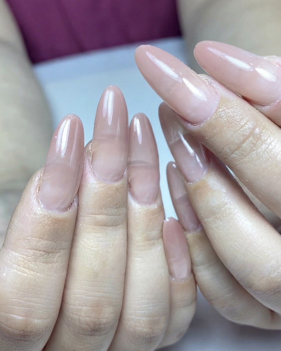 アーモンド型の爪に、薄いソフトピンクのカラージェルをネイルブラシで塗布している様子。