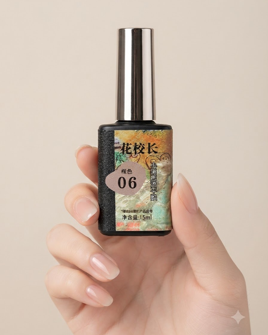 ニュートラルな背景をバックに持たれた、フラワー プリンシパル ヌード カラー ジェル シェード 06 と書かれたジェルポリッシュボトル。