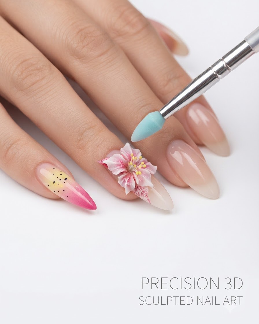 アーモンド型のネイル上で、青いシリコン製ネイル造形ツールが透明なジェルを使用して3Dの花びらを形作っているクローズアップ。