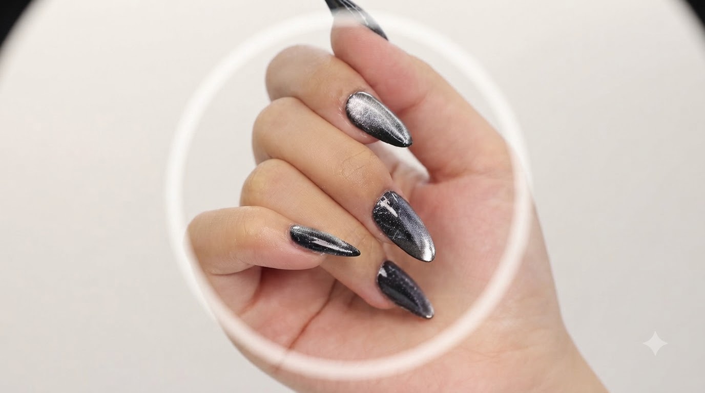 黒のベースに輝くシルバーのキャッツアイマグネットのグラデーション効果と光沢のある仕上げが施された、ロングアーモンドシェイプのネイル。