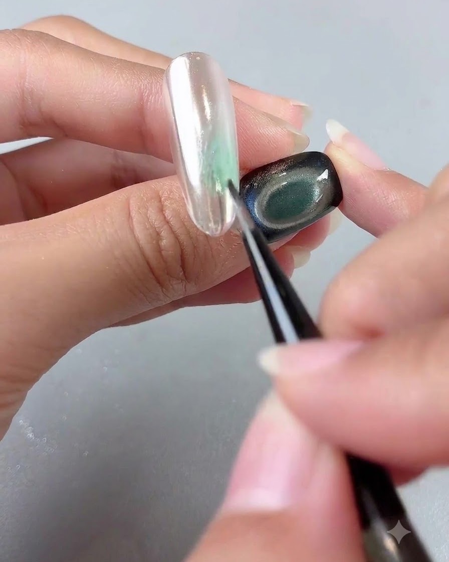 細いネイルアートブラシで、鏡面仕上げのネイルに柔らかなグリーンのカラーをぼかしている様子。