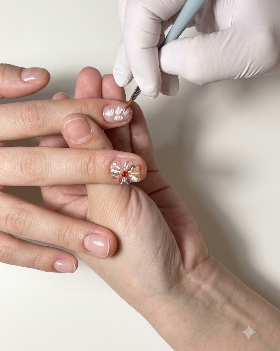 細筆を使って、爪に花びらが多い繊細なホワイトジェルの花を描いている様子。
