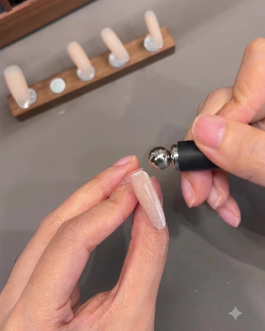 球状のヘッドを持つマグネットツールがキャッツアイジェルを形作るためにネイルチップの近くに配置されている様子。