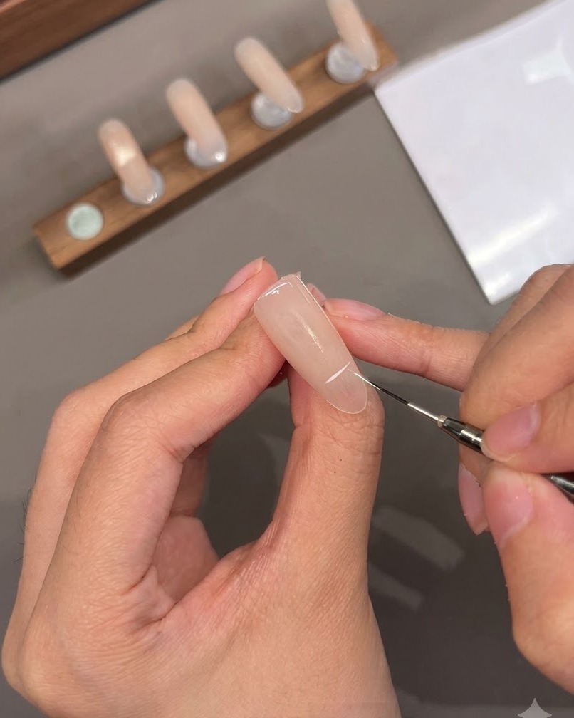 ナチュラルピンクの人工爪の表面に、細いブラシで白いフレンチネイルのラインを描いている様子。