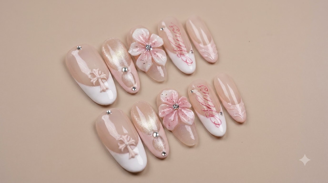 フレンチキャッツアイと3Dフラワーのネイルアート — ステップバイステップチュートリアル