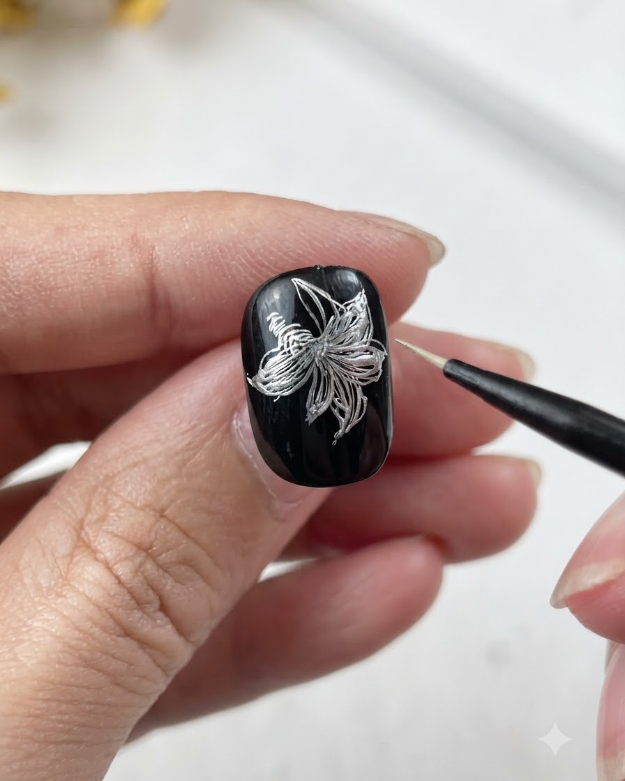 ブラックベース上に6枚の詳細な花びらがすべて描かれた、完成したメタリックシルバーのリリーネイルアート。