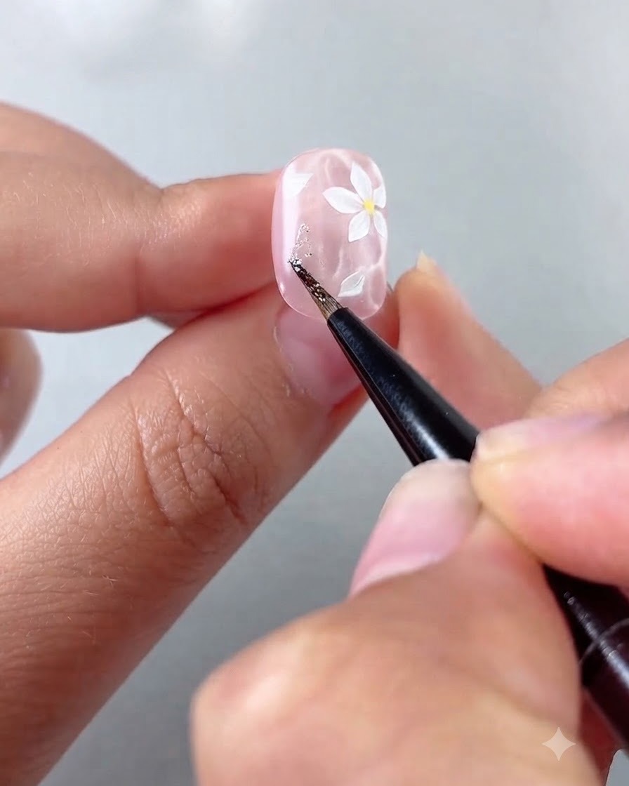 白い花が描かれた光沢のあるピンクのネイルの余白に、極細ブラシを使って小さな銀のグリッターの破片を配置している手元のクローズアップ。