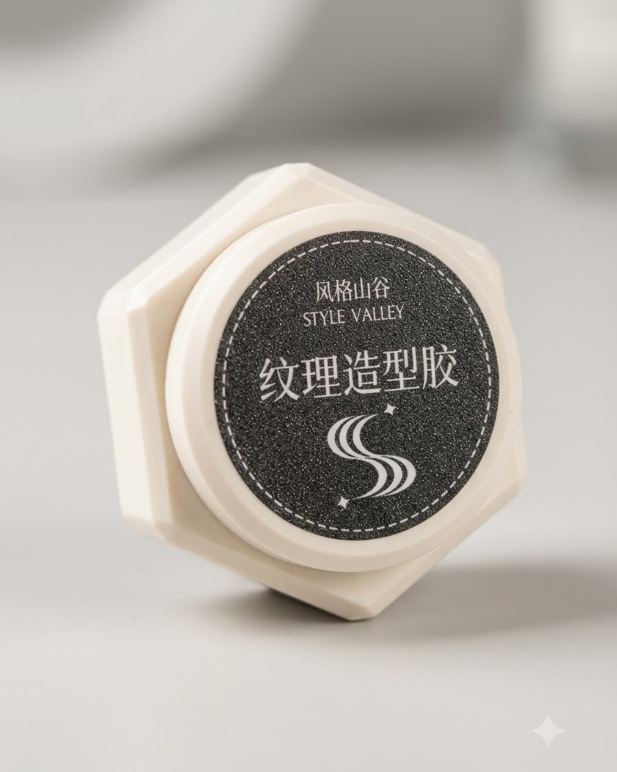 中国語の文字がラベル付けされたStyle Valleyテクスチャーシェーピングジェルの製品ジャー。