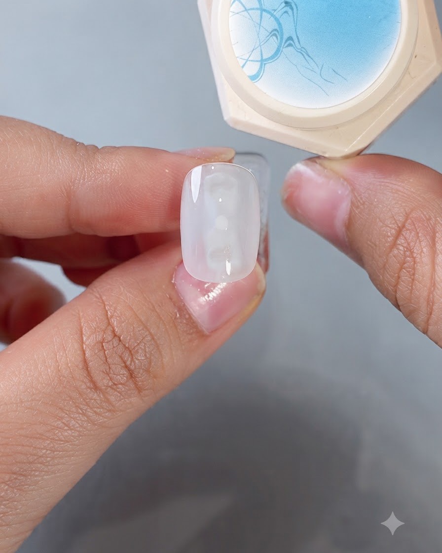 下準備された水色のネイルチップの隣に配置された、ブルーのキャッツアイジェル製品容器。
