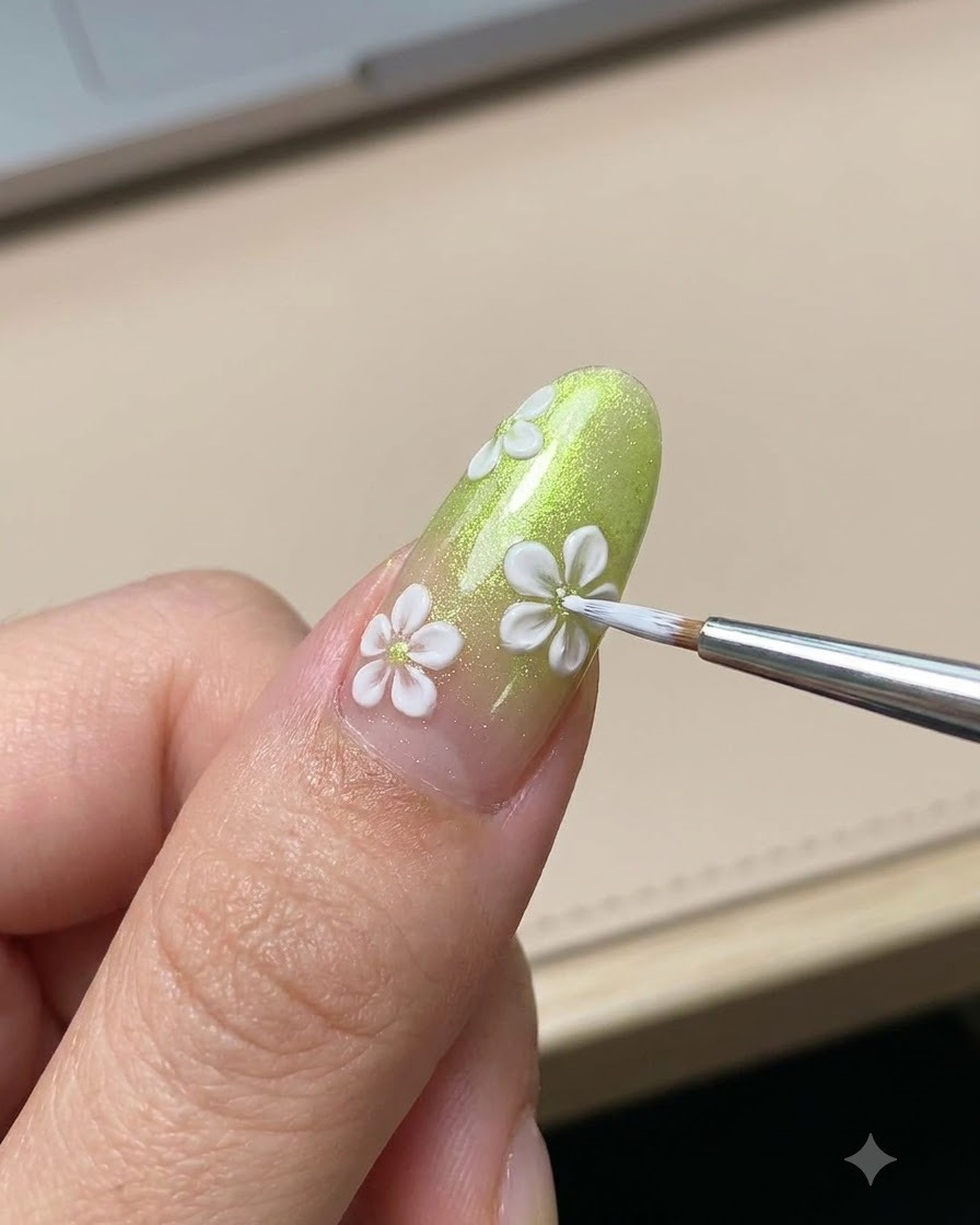 極細のディテールブラシを使い、グリーンに彩られたネイルに描かれた白いデイジーに小さな黄色い中心を描いている様子。
