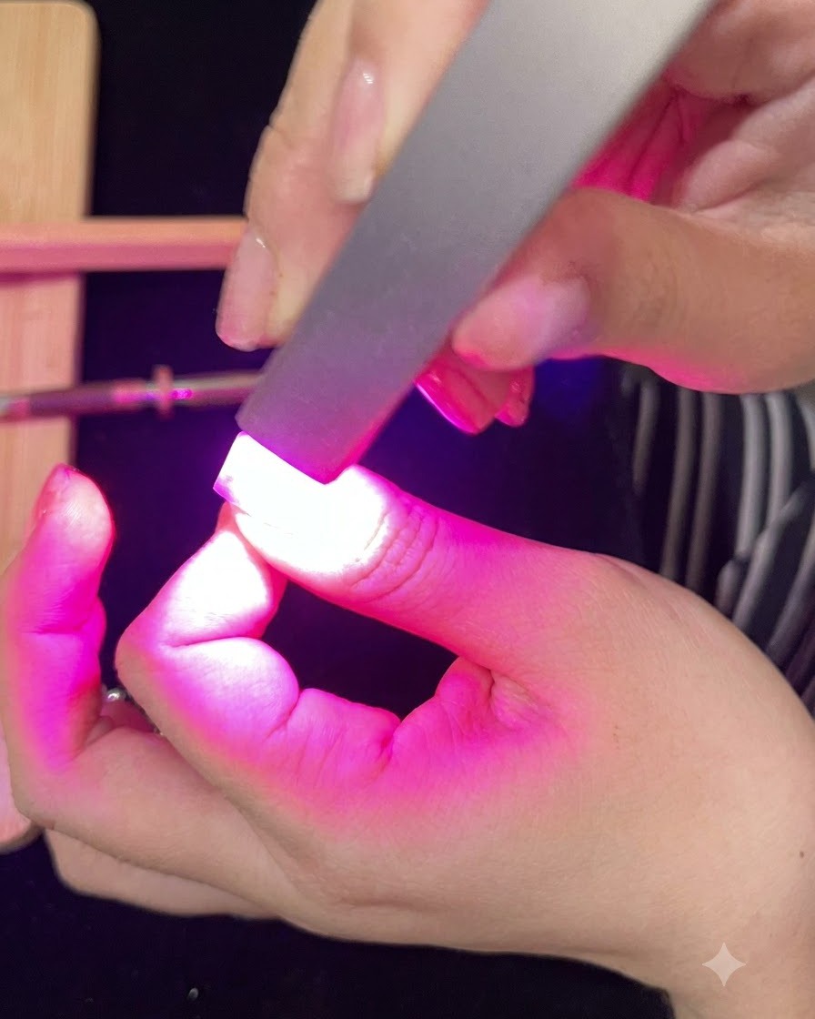 最後のトップコート塗布中、鮮やかなピンクのUVまたはLEDランプの下で硬化している爪。