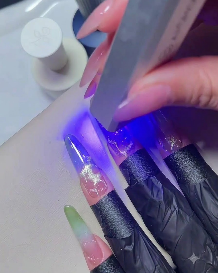 手がミニポータブルブルーUVフラッシュライトをマニキュアされたネイルにかざしてジェルを硬化させている様子。