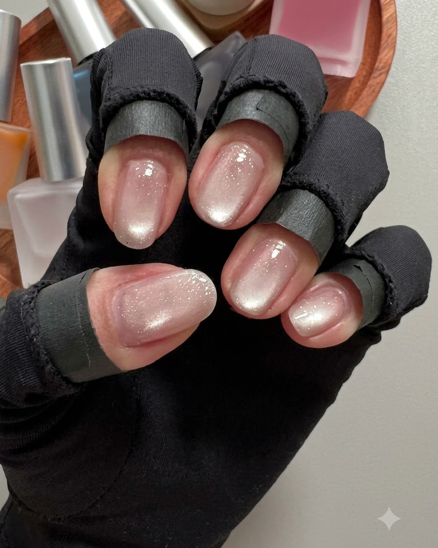 黒い手袋を着けた手が、きらめくキャッツアイベースが硬化された5本指すべてを披露している様子。