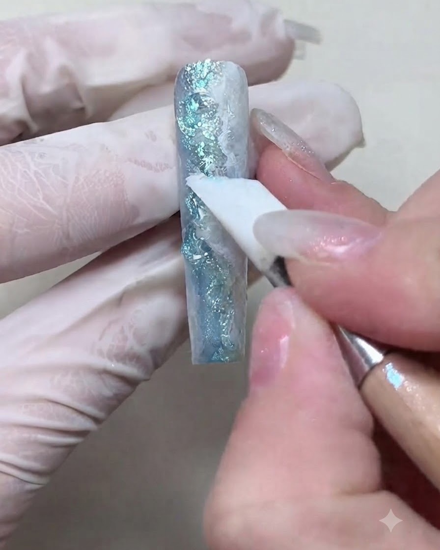 精密ツールを使用して、爪の立体的な波の最も高いポイントにシルバーのきらめきアクセントを適用している様子。