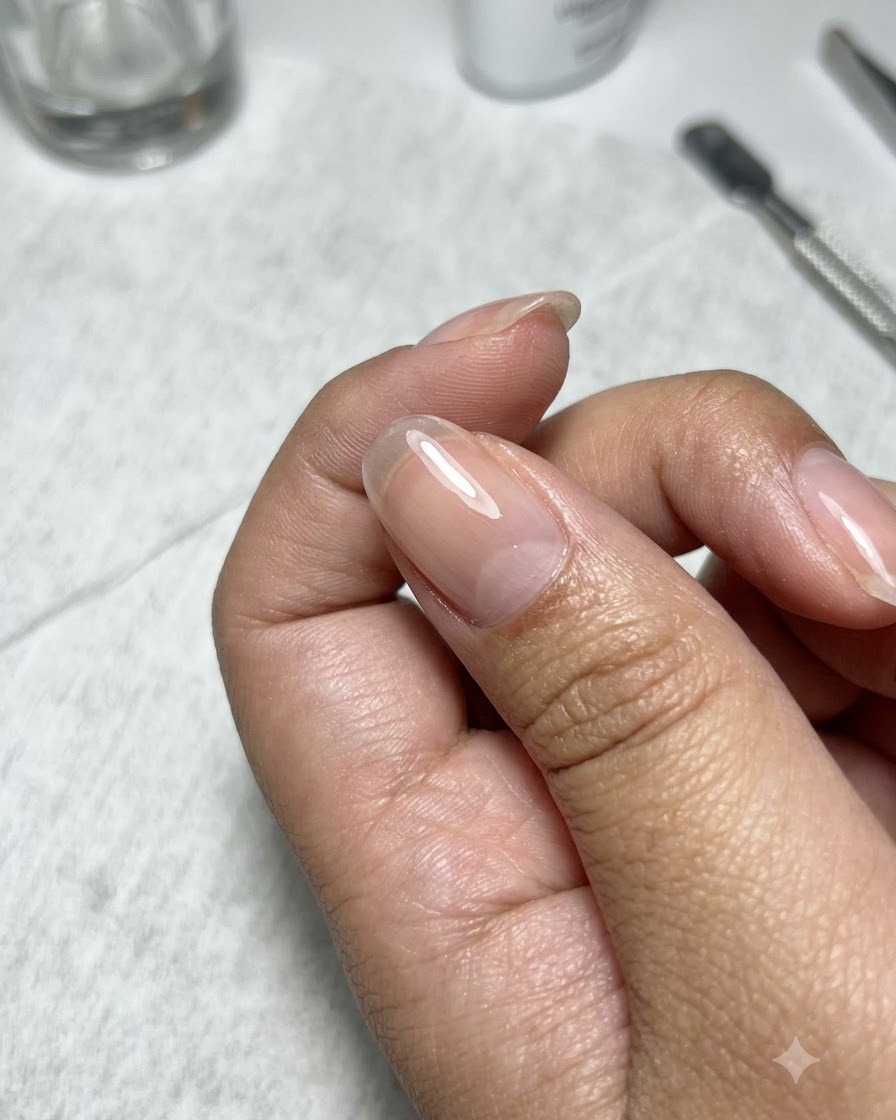 自爪の中央に、ネイリストのブラシで豊かな赤色のベースカラーを塗布している様子。